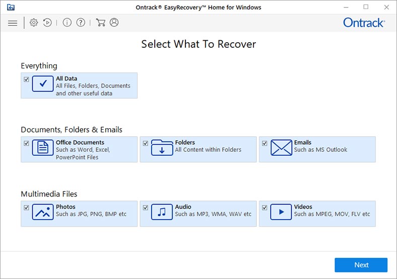 Ontrack EasyRecovery - choice of the type of recoverable files